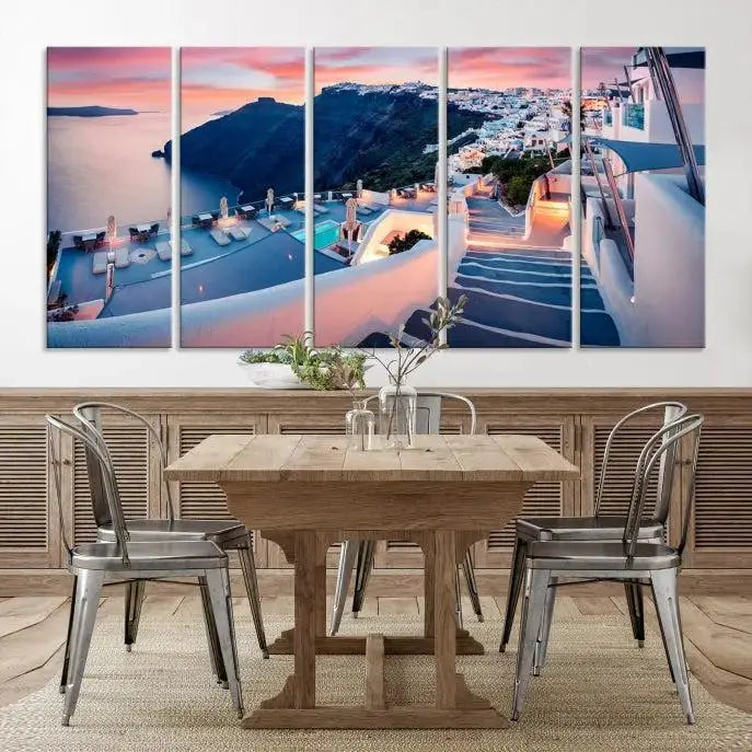 The "Santorini Island Wall Art Canvas Print" features a Greek island landscape displayed as triptych wall art. Crafted on museum-quality canvas with a UV-protective coating, this stunning piece is ready to hang and effortlessly transforms your space into an elegant oasis.