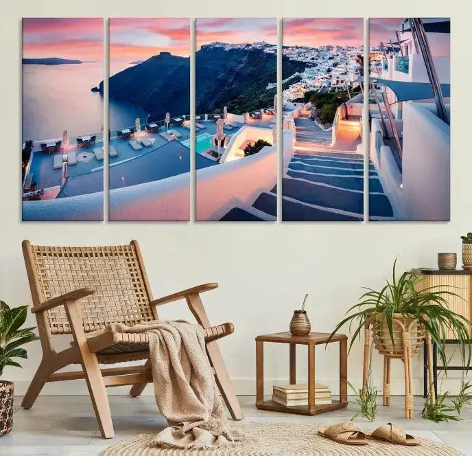 The "Santorini Island Wall Art Canvas Print" features a Greek island landscape displayed as triptych wall art. Crafted on museum-quality canvas with a UV-protective coating, this stunning piece is ready to hang and effortlessly transforms your space into an elegant oasis.