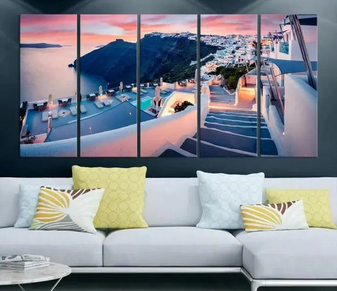 The "Santorini Island Wall Art Canvas Print" features a Greek island landscape displayed as triptych wall art. Crafted on museum-quality canvas with a UV-protective coating, this stunning piece is ready to hang and effortlessly transforms your space into an elegant oasis.