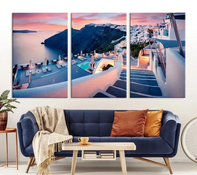 The "Santorini Island Wall Art Canvas Print" features a Greek island landscape displayed as triptych wall art. Crafted on museum-quality canvas with a UV-protective coating, this stunning piece is ready to hang and effortlessly transforms your space into an elegant oasis.