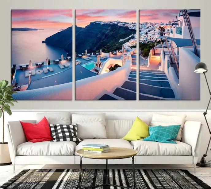 The "Santorini Island Wall Art Canvas Print" features a Greek island landscape displayed as triptych wall art. Crafted on museum-quality canvas with a UV-protective coating, this stunning piece is ready to hang and effortlessly transforms your space into an elegant oasis.