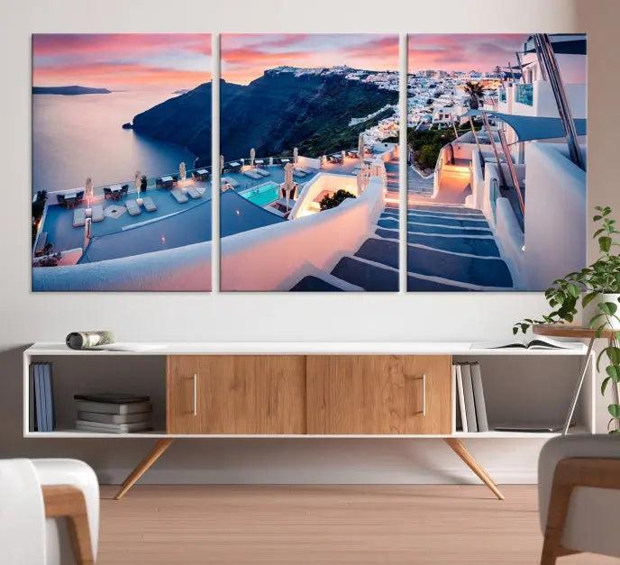 The "Santorini Island Wall Art Canvas Print" features a Greek island landscape displayed as triptych wall art. Crafted on museum-quality canvas with a UV-protective coating, this stunning piece is ready to hang and effortlessly transforms your space into an elegant oasis.