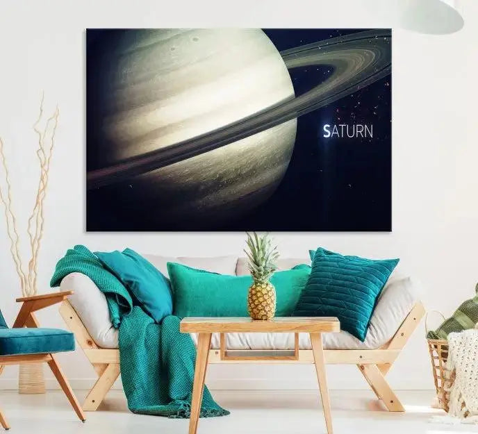 The Saturn Wall Art Canvas Print features a striking depiction of Saturn and its rings, crafted on museum-quality canvas. With a UV-protective coating for lasting vibrancy, this piece ships free to effortlessly enhance your space.