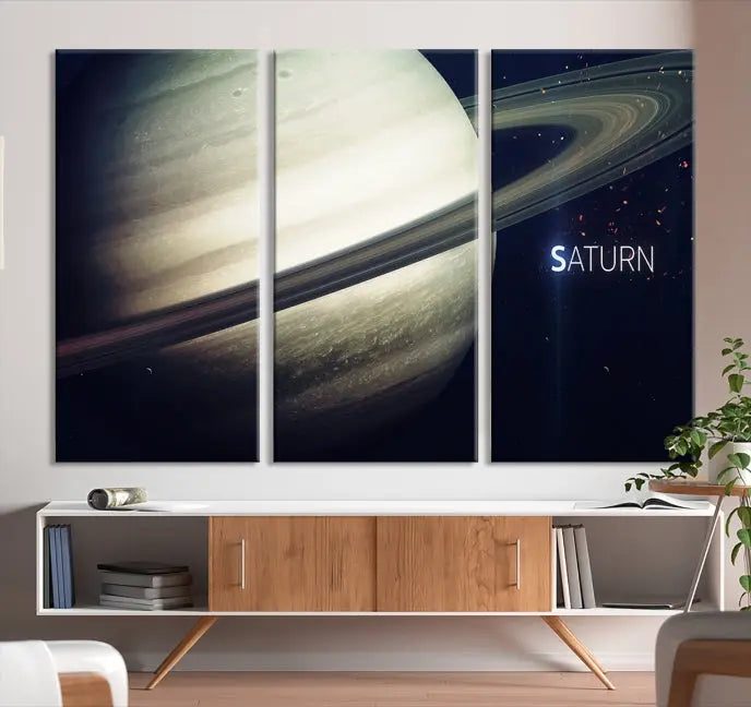 The Saturn Wall Art Canvas Print features a striking depiction of Saturn and its rings, crafted on museum-quality canvas. With a UV-protective coating for lasting vibrancy, this piece ships free to effortlessly enhance your space.