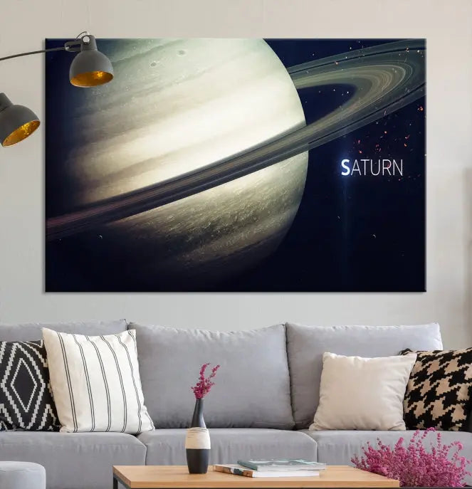 The Saturn Wall Art Canvas Print features a striking depiction of Saturn and its rings, crafted on museum-quality canvas. With a UV-protective coating for lasting vibrancy, this piece ships free to effortlessly enhance your space.