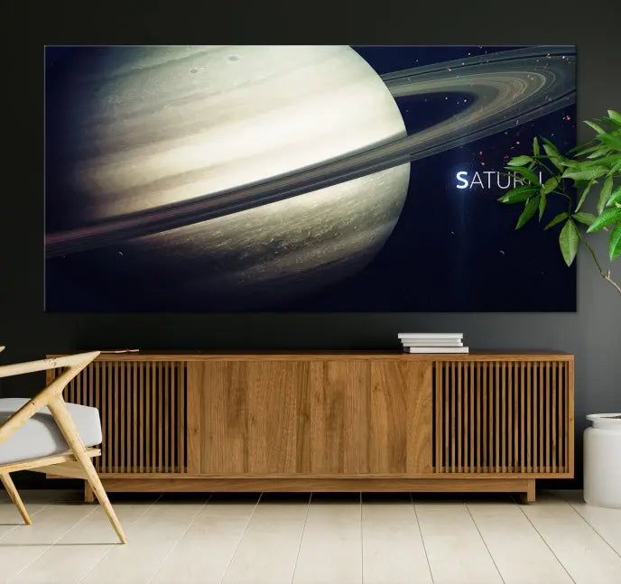 The Saturn Wall Art Canvas Print features a striking depiction of Saturn and its rings, crafted on museum-quality canvas. With a UV-protective coating for lasting vibrancy, this piece ships free to effortlessly enhance your space.