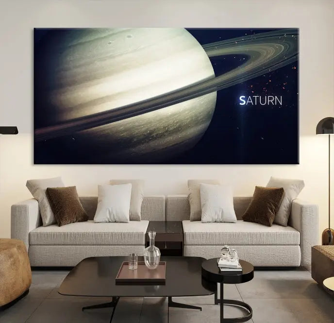 The Saturn Wall Art Canvas Print features a striking depiction of Saturn and its rings, crafted on museum-quality canvas. With a UV-protective coating for lasting vibrancy, this piece ships free to effortlessly enhance your space.