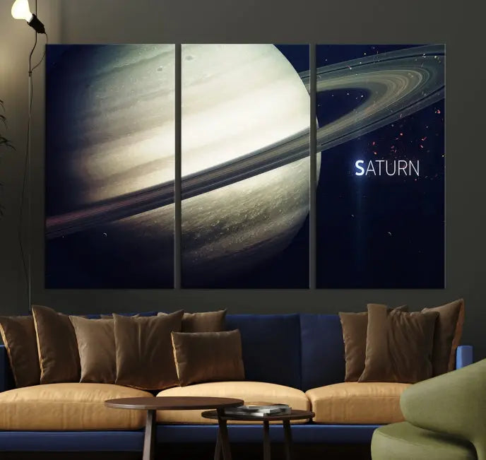 The Saturn Wall Art Canvas Print features a striking depiction of Saturn and its rings, crafted on museum-quality canvas. With a UV-protective coating for lasting vibrancy, this piece ships free to effortlessly enhance your space.