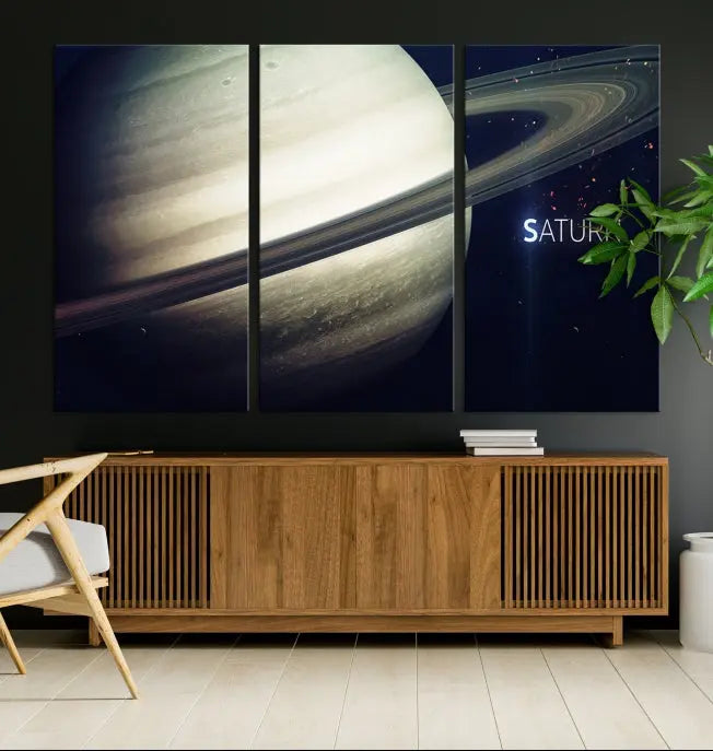 The Saturn Wall Art Canvas Print features a striking depiction of Saturn and its rings, crafted on museum-quality canvas. With a UV-protective coating for lasting vibrancy, this piece ships free to effortlessly enhance your space.