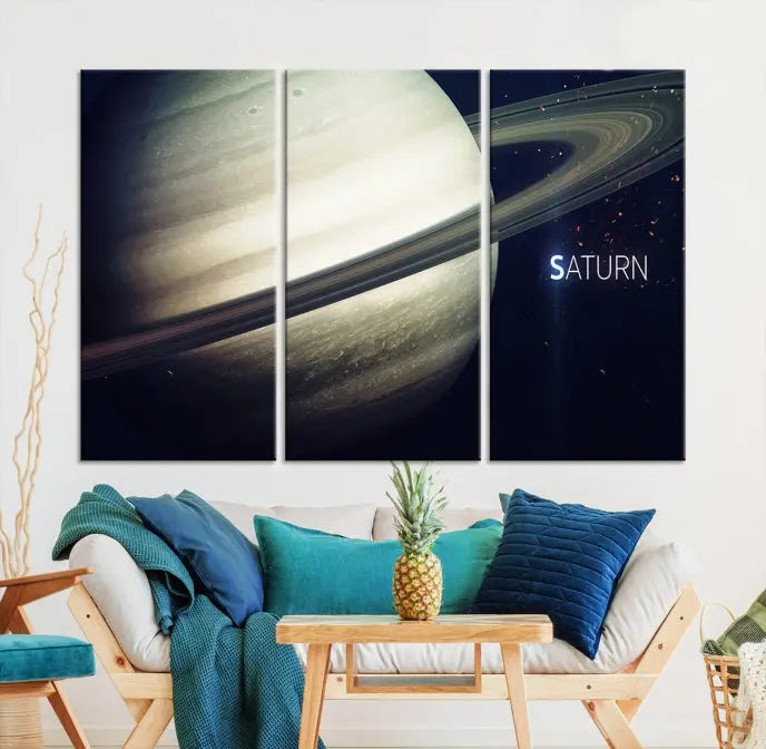 The Saturn Wall Art Canvas Print features a striking depiction of Saturn and its rings, crafted on museum-quality canvas. With a UV-protective coating for lasting vibrancy, this piece ships free to effortlessly enhance your space.