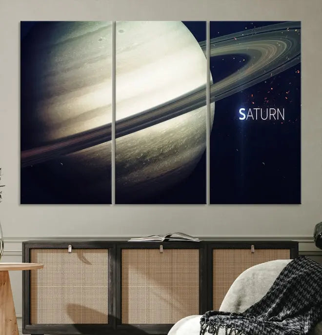 The Saturn Wall Art Canvas Print features a striking depiction of Saturn and its rings, crafted on museum-quality canvas. With a UV-protective coating for lasting vibrancy, this piece ships free to effortlessly enhance your space.