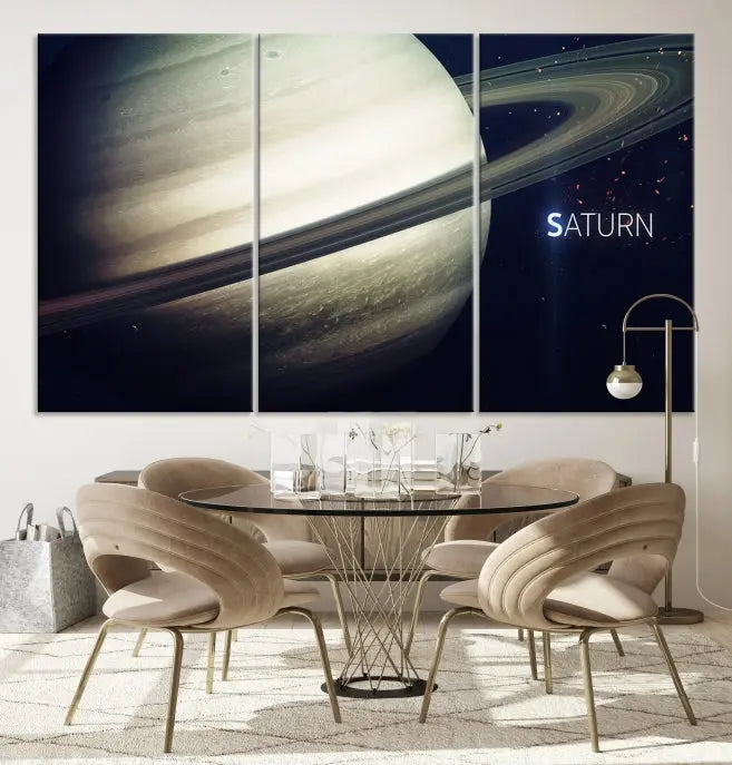 The Saturn Wall Art Canvas Print features a striking depiction of Saturn and its rings, crafted on museum-quality canvas. With a UV-protective coating for lasting vibrancy, this piece ships free to effortlessly enhance your space.