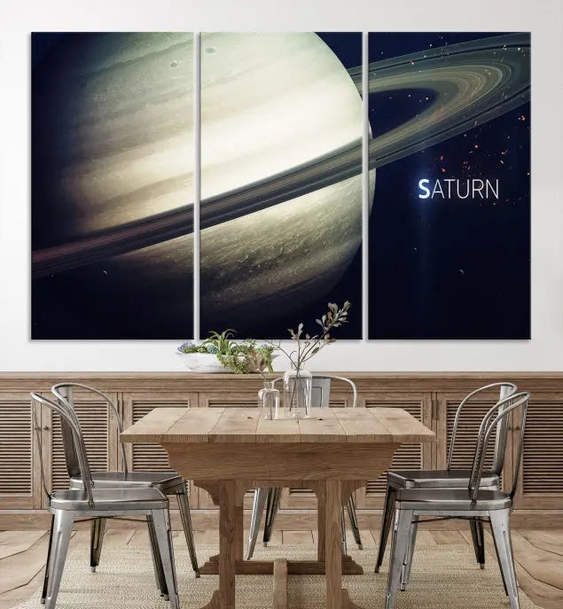 The Saturn Wall Art Canvas Print features a striking depiction of Saturn and its rings, crafted on museum-quality canvas. With a UV-protective coating for lasting vibrancy, this piece ships free to effortlessly enhance your space.