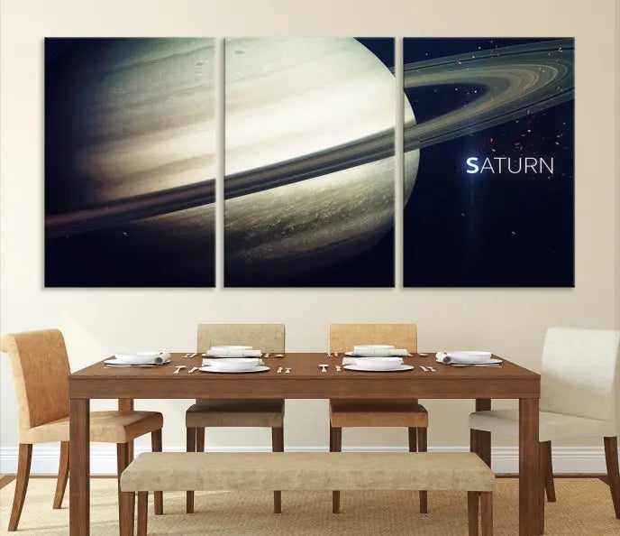 The Saturn Wall Art Canvas Print features a striking depiction of Saturn and its rings, crafted on museum-quality canvas. With a UV-protective coating for lasting vibrancy, this piece ships free to effortlessly enhance your space.