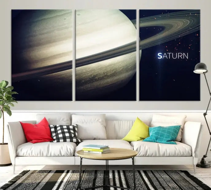 The Saturn Wall Art Canvas Print features a striking depiction of Saturn and its rings, crafted on museum-quality canvas. With a UV-protective coating for lasting vibrancy, this piece ships free to effortlessly enhance your space.