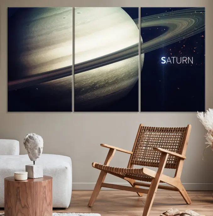 The Saturn Wall Art Canvas Print features a striking depiction of Saturn and its rings, crafted on museum-quality canvas. With a UV-protective coating for lasting vibrancy, this piece ships free to effortlessly enhance your space.