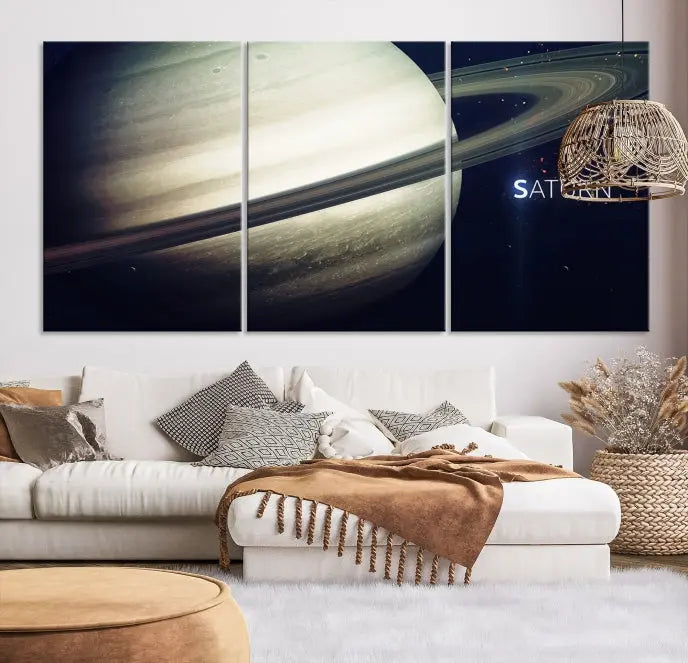 The Saturn Wall Art Canvas Print features a striking depiction of Saturn and its rings, crafted on museum-quality canvas. With a UV-protective coating for lasting vibrancy, this piece ships free to effortlessly enhance your space.