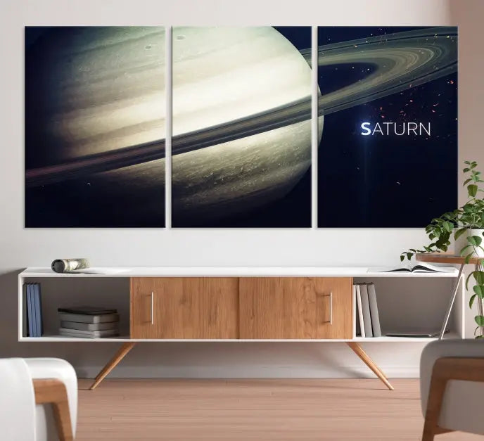 The Saturn Wall Art Canvas Print features a striking depiction of Saturn and its rings, crafted on museum-quality canvas. With a UV-protective coating for lasting vibrancy, this piece ships free to effortlessly enhance your space.