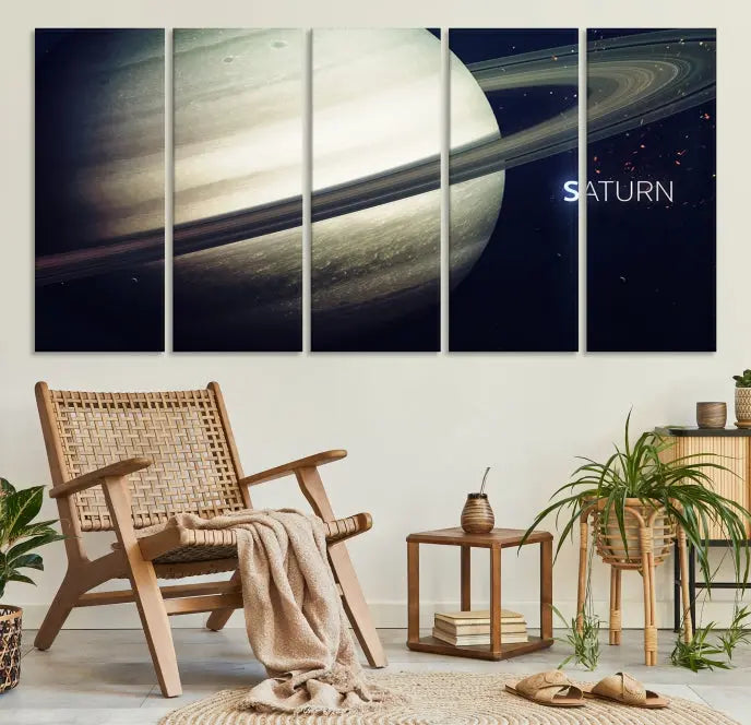 The Saturn Wall Art Canvas Print features a striking depiction of Saturn and its rings, crafted on museum-quality canvas. With a UV-protective coating for lasting vibrancy, this piece ships free to effortlessly enhance your space.