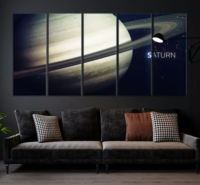 The Saturn Wall Art Canvas Print features a striking depiction of Saturn and its rings, crafted on museum-quality canvas. With a UV-protective coating for lasting vibrancy, this piece ships free to effortlessly enhance your space.