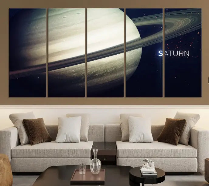 The Saturn Wall Art Canvas Print features a striking depiction of Saturn and its rings, crafted on museum-quality canvas. With a UV-protective coating for lasting vibrancy, this piece ships free to effortlessly enhance your space.