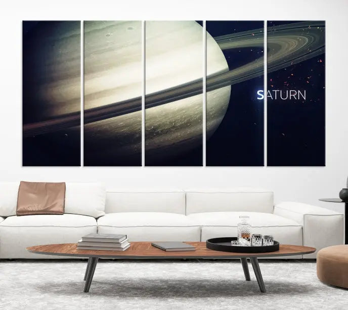 The Saturn Wall Art Canvas Print features a striking depiction of Saturn and its rings, crafted on museum-quality canvas. With a UV-protective coating for lasting vibrancy, this piece ships free to effortlessly enhance your space.