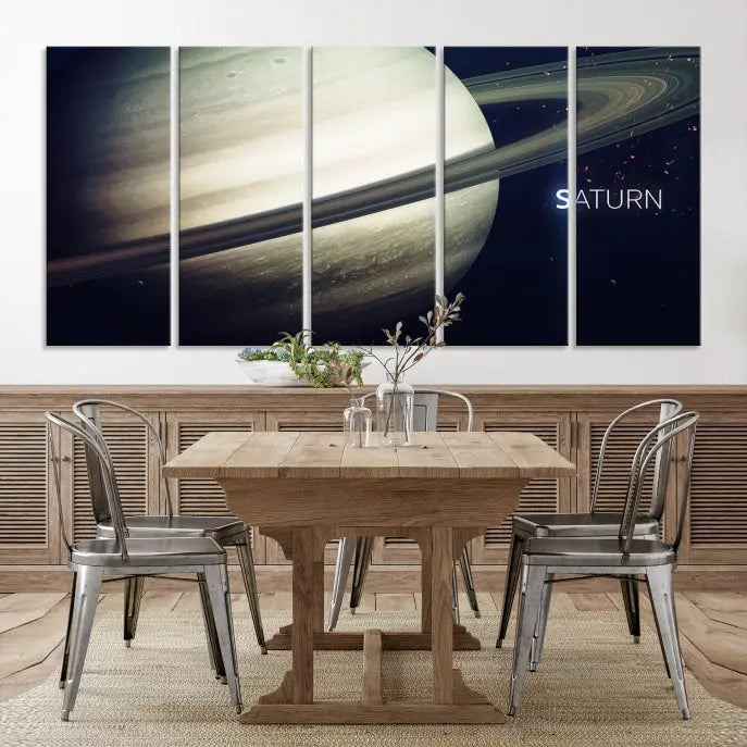 The Saturn Wall Art Canvas Print features a striking depiction of Saturn and its rings, crafted on museum-quality canvas. With a UV-protective coating for lasting vibrancy, this piece ships free to effortlessly enhance your space.