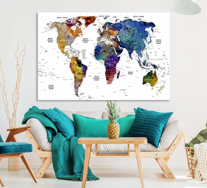 A contemporary living room features the School World Map Canvas Print, a vibrant and multi-panel artwork on museum-quality canvas. This piece is ready to hang, offering both easy installation and enduring appeal.