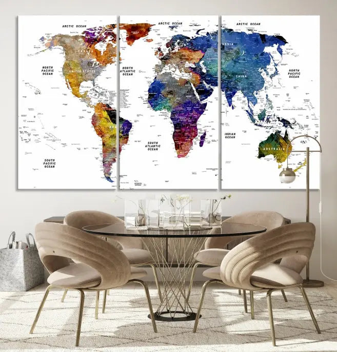 A contemporary living room features the School World Map Canvas Print, a vibrant and multi-panel artwork on museum-quality canvas. This piece is ready to hang, offering both easy installation and enduring appeal.