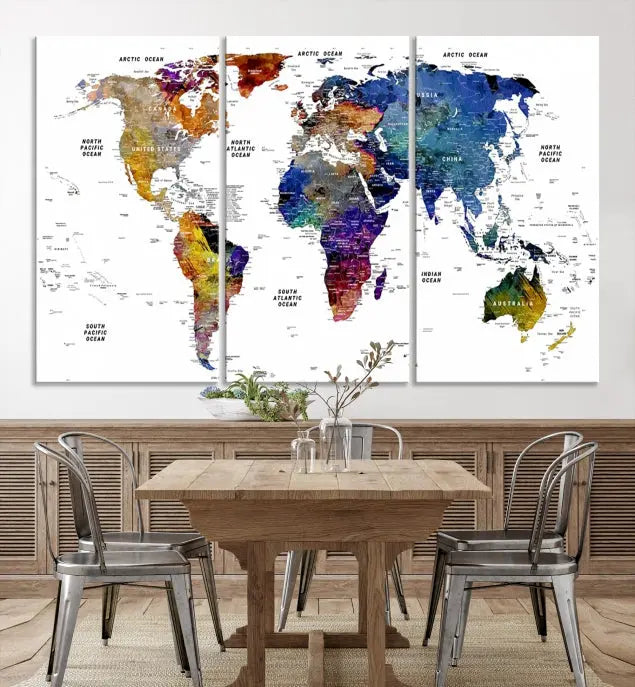 A contemporary living room features the School World Map Canvas Print, a vibrant and multi-panel artwork on museum-quality canvas. This piece is ready to hang, offering both easy installation and enduring appeal.