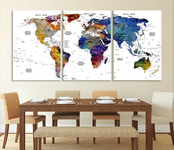 A contemporary living room features the School World Map Canvas Print, a vibrant and multi-panel artwork on museum-quality canvas. This piece is ready to hang, offering both easy installation and enduring appeal.