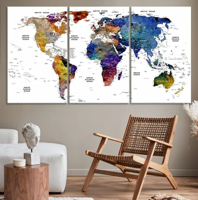 A contemporary living room features the School World Map Canvas Print, a vibrant and multi-panel artwork on museum-quality canvas. This piece is ready to hang, offering both easy installation and enduring appeal.