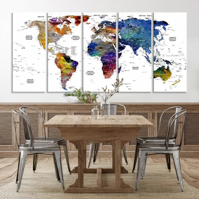 A contemporary living room features the School World Map Canvas Print, a vibrant and multi-panel artwork on museum-quality canvas. This piece is ready to hang, offering both easy installation and enduring appeal.