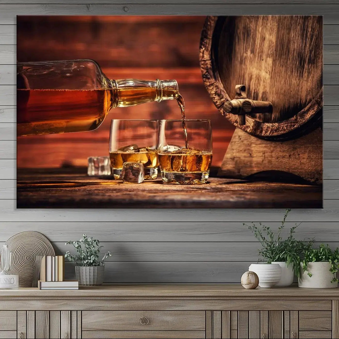 The Scotch Whiskey Barrel Cigar Bourbon Wall Art Canvas Print is a hand-assembled triptych depicting whiskey flowing into glasses, set against a backdrop of barrels. Crafted on museum-quality canvas, this piece adds an elegant touch to any room and includes free shipping for added convenience.