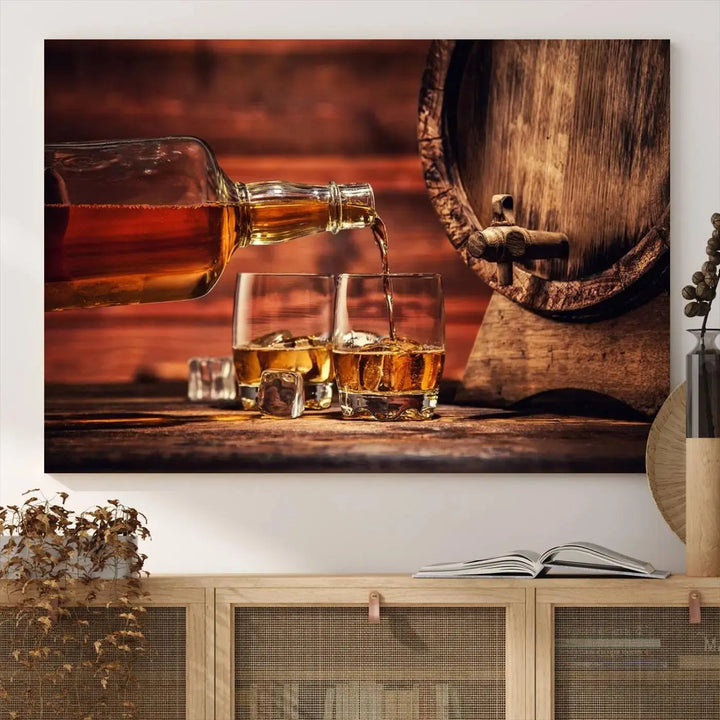 The Scotch Whiskey Barrel Cigar Bourbon Wall Art Canvas Print is a hand-assembled triptych depicting whiskey flowing into glasses, set against a backdrop of barrels. Crafted on museum-quality canvas, this piece adds an elegant touch to any room and includes free shipping for added convenience.