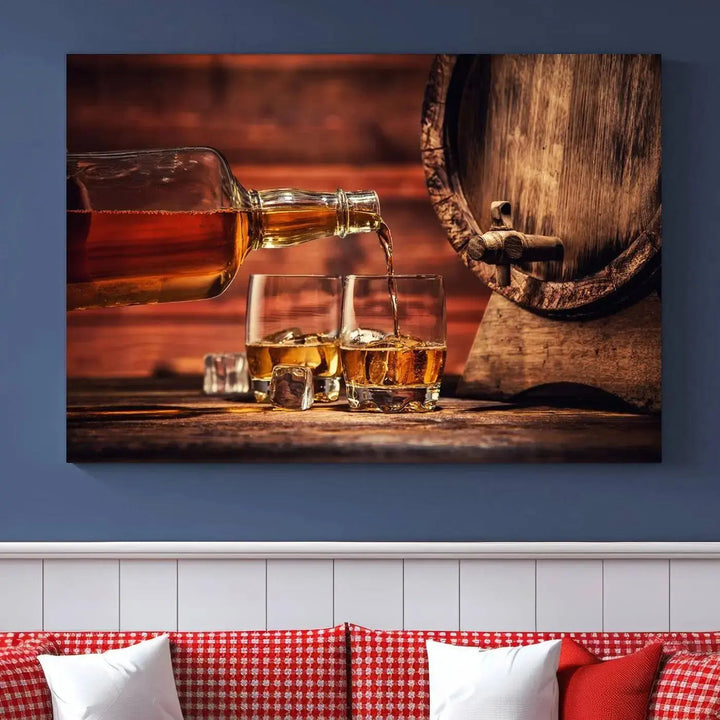 The Scotch Whiskey Barrel Cigar Bourbon Wall Art Canvas Print is a hand-assembled triptych depicting whiskey flowing into glasses, set against a backdrop of barrels. Crafted on museum-quality canvas, this piece adds an elegant touch to any room and includes free shipping for added convenience.