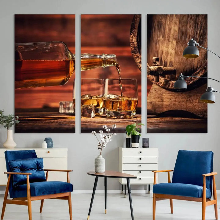 The Scotch Whiskey Barrel Cigar Bourbon Wall Art Canvas Print is a hand-assembled triptych depicting whiskey flowing into glasses, set against a backdrop of barrels. Crafted on museum-quality canvas, this piece adds an elegant touch to any room and includes free shipping for added convenience.