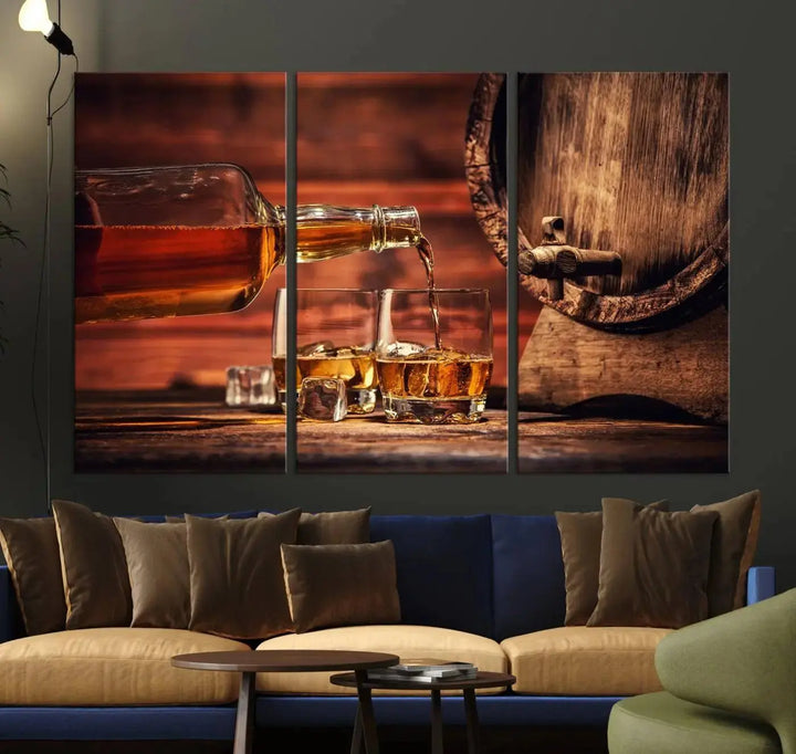 The Scotch Whiskey Barrel Cigar Bourbon Wall Art Canvas Print is a hand-assembled triptych depicting whiskey flowing into glasses, set against a backdrop of barrels. Crafted on museum-quality canvas, this piece adds an elegant touch to any room and includes free shipping for added convenience.