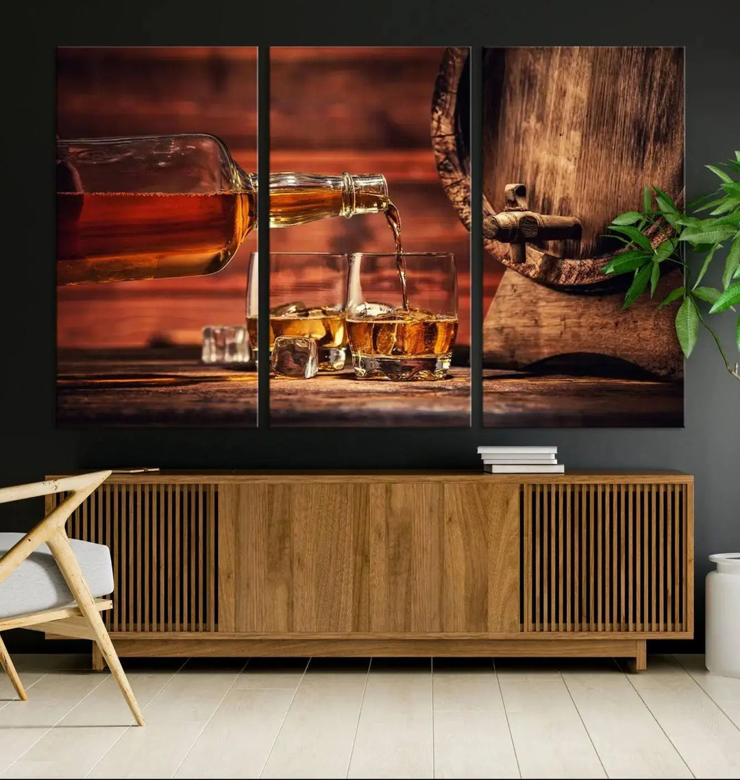 The Scotch Whiskey Barrel Cigar Bourbon Wall Art Canvas Print is a hand-assembled triptych depicting whiskey flowing into glasses, set against a backdrop of barrels. Crafted on museum-quality canvas, this piece adds an elegant touch to any room and includes free shipping for added convenience.