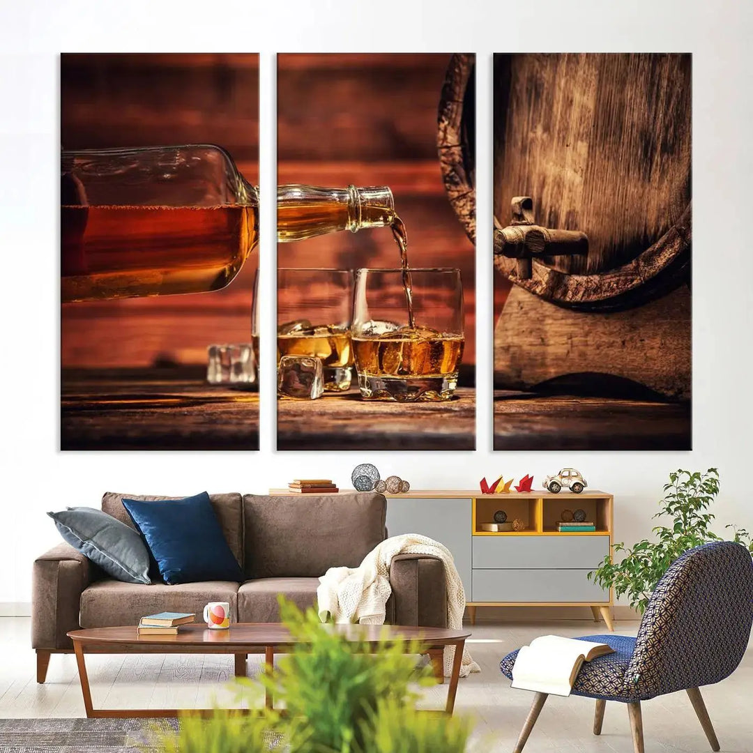 The Scotch Whiskey Barrel Cigar Bourbon Wall Art Canvas Print is a hand-assembled triptych depicting whiskey flowing into glasses, set against a backdrop of barrels. Crafted on museum-quality canvas, this piece adds an elegant touch to any room and includes free shipping for added convenience.