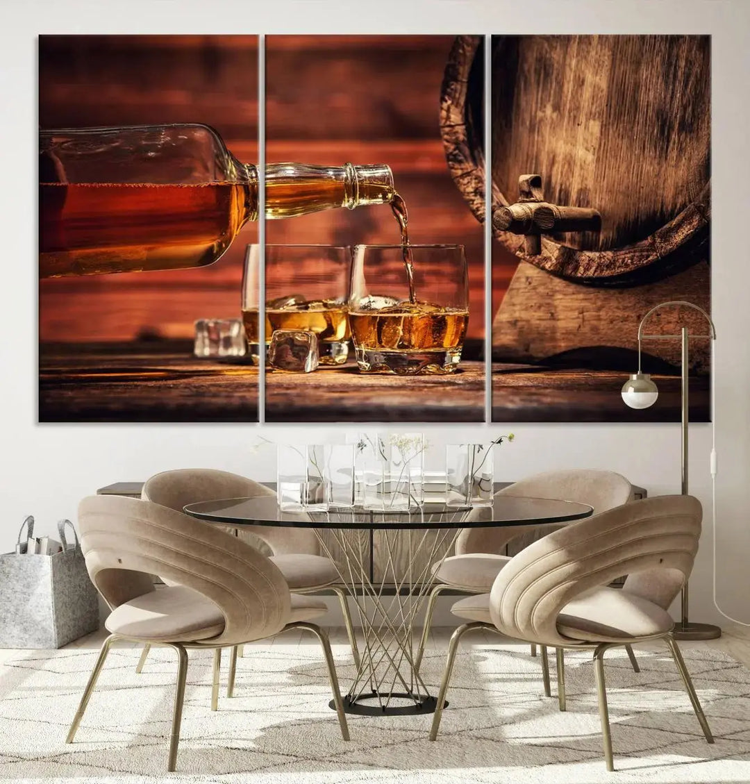 The Scotch Whiskey Barrel Cigar Bourbon Wall Art Canvas Print is a hand-assembled triptych depicting whiskey flowing into glasses, set against a backdrop of barrels. Crafted on museum-quality canvas, this piece adds an elegant touch to any room and includes free shipping for added convenience.