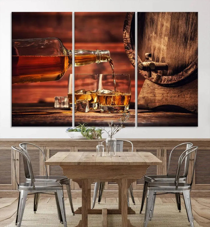 The Scotch Whiskey Barrel Cigar Bourbon Wall Art Canvas Print is a hand-assembled triptych depicting whiskey flowing into glasses, set against a backdrop of barrels. Crafted on museum-quality canvas, this piece adds an elegant touch to any room and includes free shipping for added convenience.