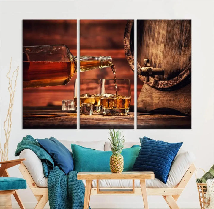 The Scotch Whiskey Barrel Cigar Bourbon Wall Art Canvas Print is a hand-assembled triptych depicting whiskey flowing into glasses, set against a backdrop of barrels. Crafted on museum-quality canvas, this piece adds an elegant touch to any room and includes free shipping for added convenience.