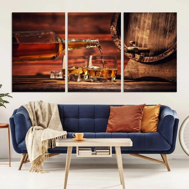 The Scotch Whiskey Barrel Cigar Bourbon Wall Art Canvas Print is a hand-assembled triptych depicting whiskey flowing into glasses, set against a backdrop of barrels. Crafted on museum-quality canvas, this piece adds an elegant touch to any room and includes free shipping for added convenience.