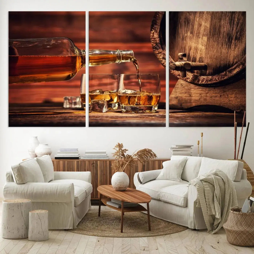 The Scotch Whiskey Barrel Cigar Bourbon Wall Art Canvas Print is a hand-assembled triptych depicting whiskey flowing into glasses, set against a backdrop of barrels. Crafted on museum-quality canvas, this piece adds an elegant touch to any room and includes free shipping for added convenience.