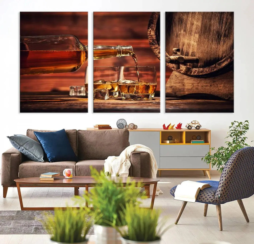 The Scotch Whiskey Barrel Cigar Bourbon Wall Art Canvas Print is a hand-assembled triptych depicting whiskey flowing into glasses, set against a backdrop of barrels. Crafted on museum-quality canvas, this piece adds an elegant touch to any room and includes free shipping for added convenience.