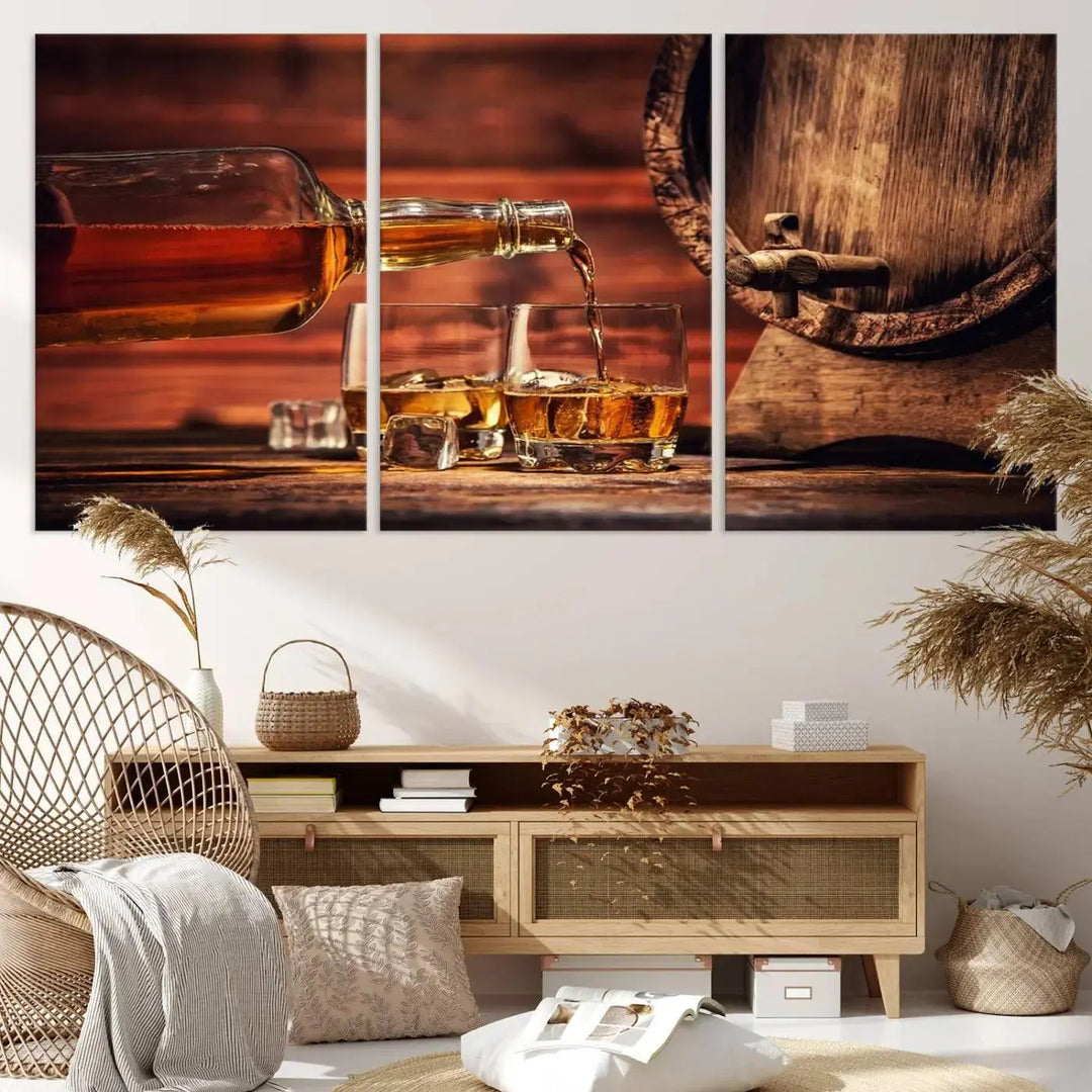 The Scotch Whiskey Barrel Cigar Bourbon Wall Art Canvas Print is a hand-assembled triptych depicting whiskey flowing into glasses, set against a backdrop of barrels. Crafted on museum-quality canvas, this piece adds an elegant touch to any room and includes free shipping for added convenience.