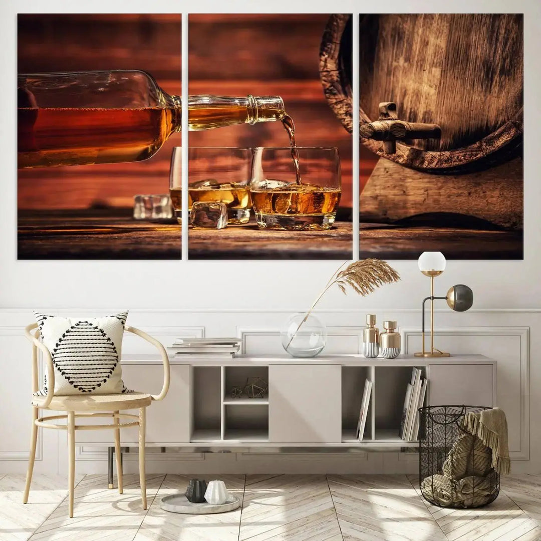 The Scotch Whiskey Barrel Cigar Bourbon Wall Art Canvas Print is a hand-assembled triptych depicting whiskey flowing into glasses, set against a backdrop of barrels. Crafted on museum-quality canvas, this piece adds an elegant touch to any room and includes free shipping for added convenience.