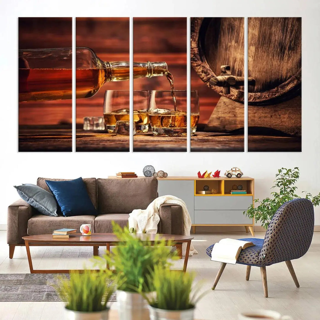 The Scotch Whiskey Barrel Cigar Bourbon Wall Art Canvas Print is a hand-assembled triptych depicting whiskey flowing into glasses, set against a backdrop of barrels. Crafted on museum-quality canvas, this piece adds an elegant touch to any room and includes free shipping for added convenience.