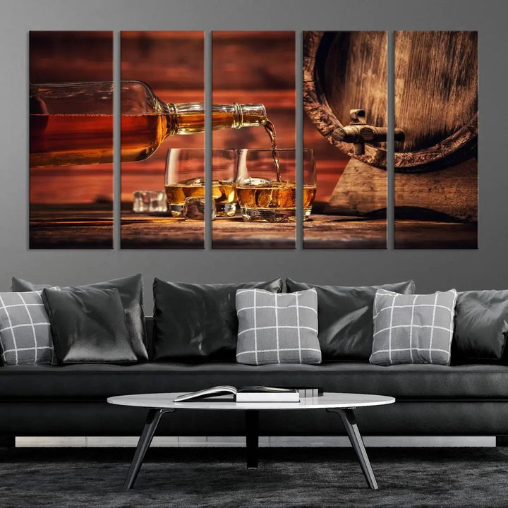 The Scotch Whiskey Barrel Cigar Bourbon Wall Art Canvas Print is a hand-assembled triptych depicting whiskey flowing into glasses, set against a backdrop of barrels. Crafted on museum-quality canvas, this piece adds an elegant touch to any room and includes free shipping for added convenience.